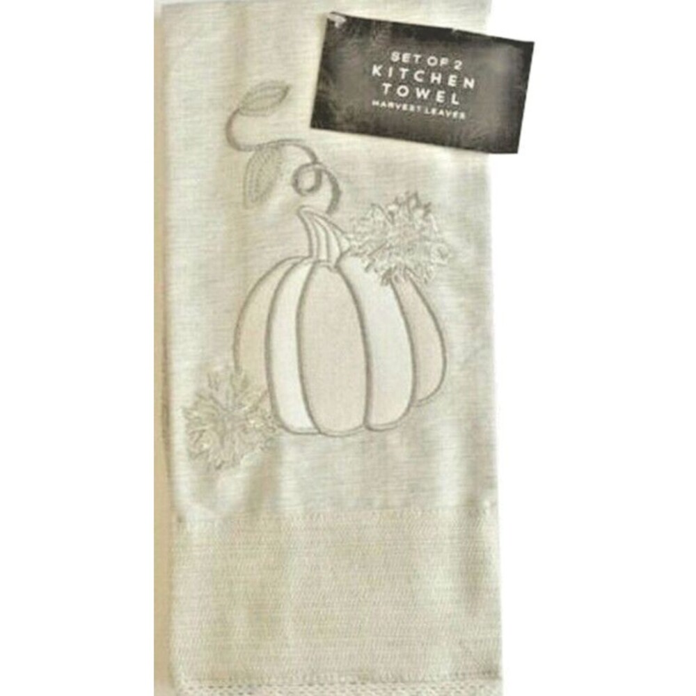 Thanksgiving Kitchen Dish Towels Set of 2 Pumpkin Harvest Leaves Embroidered